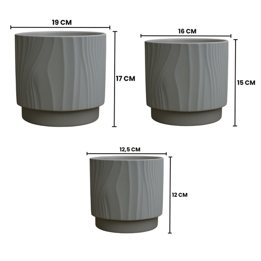 Set 3 Maceteros Maceta De Ceramica Gris Con Lineas