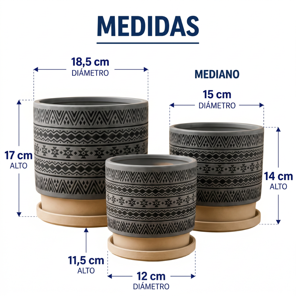 Set 3 Maceteros Maceta De Ceramica Gris Con Patrones Negros
