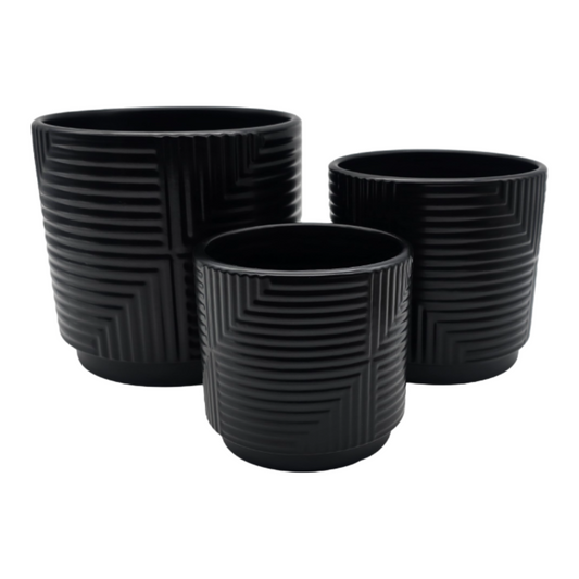 Set 3 Maceteros Maceta De Ceramica Negro Con Lineas
