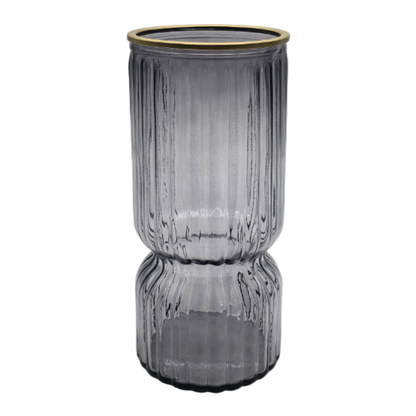 Florero Decorativo De Vidrio Con Diseño Borde Dorado Gris