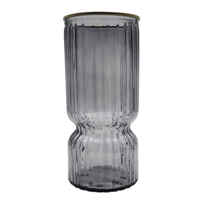 Florero Decorativo De Vidrio Con Diseño Borde Dorado Gris