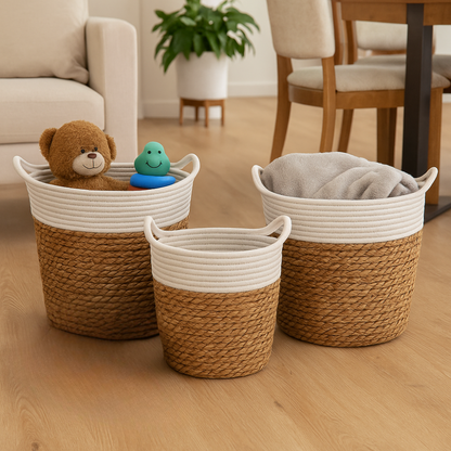 Canasto Cesta Yute Algodón Tejido Estilo Rustico Con Asas L