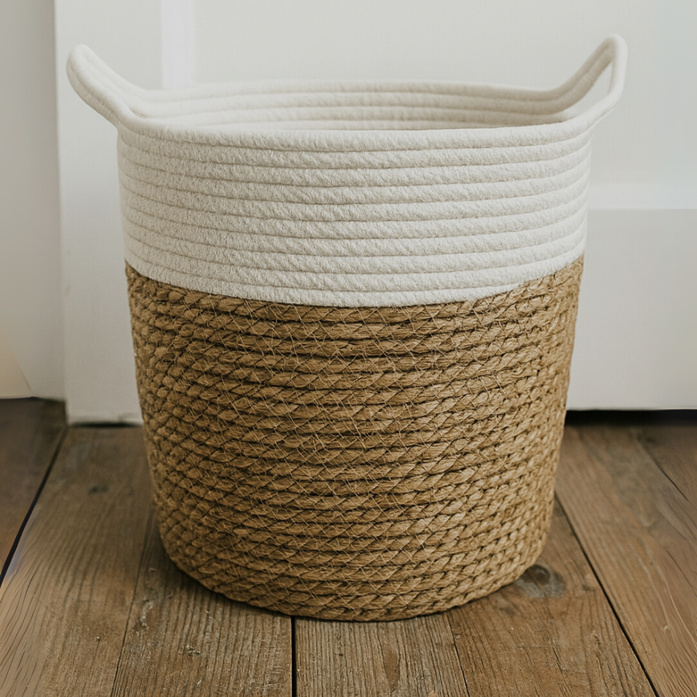 Canasto Cesta Yute Algodón Tejido Estilo Rustico Con Asas L