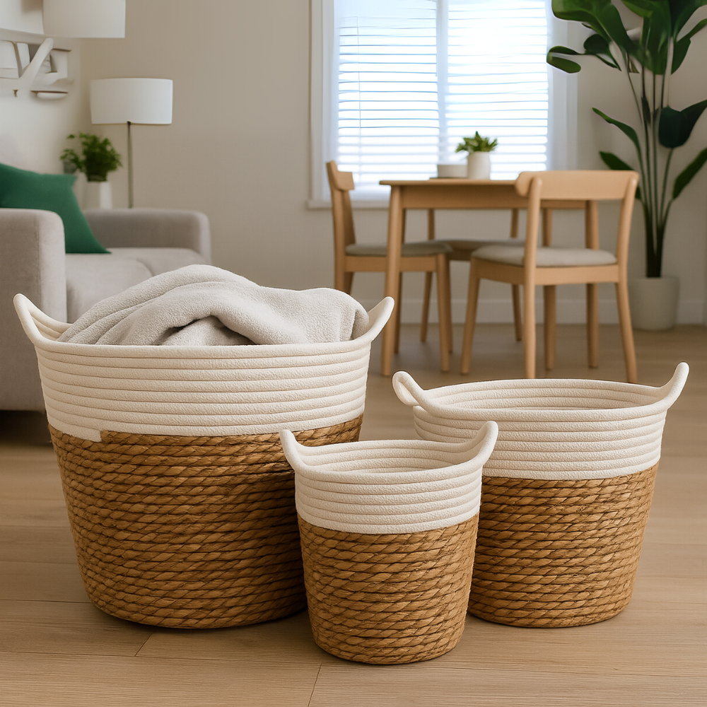 Canasto Cesta Yute Algodón Tejido Estilo Rustico Con Asas M