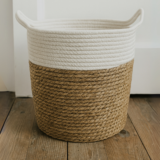 Canasto Cesta Yute Algodón Tejido Estilo Rustico Con Asas M