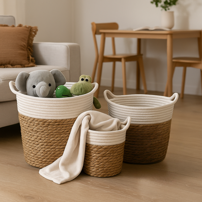 Canasto Cesta Yute Algodón Tejido Estilo Rustico Con Asas S