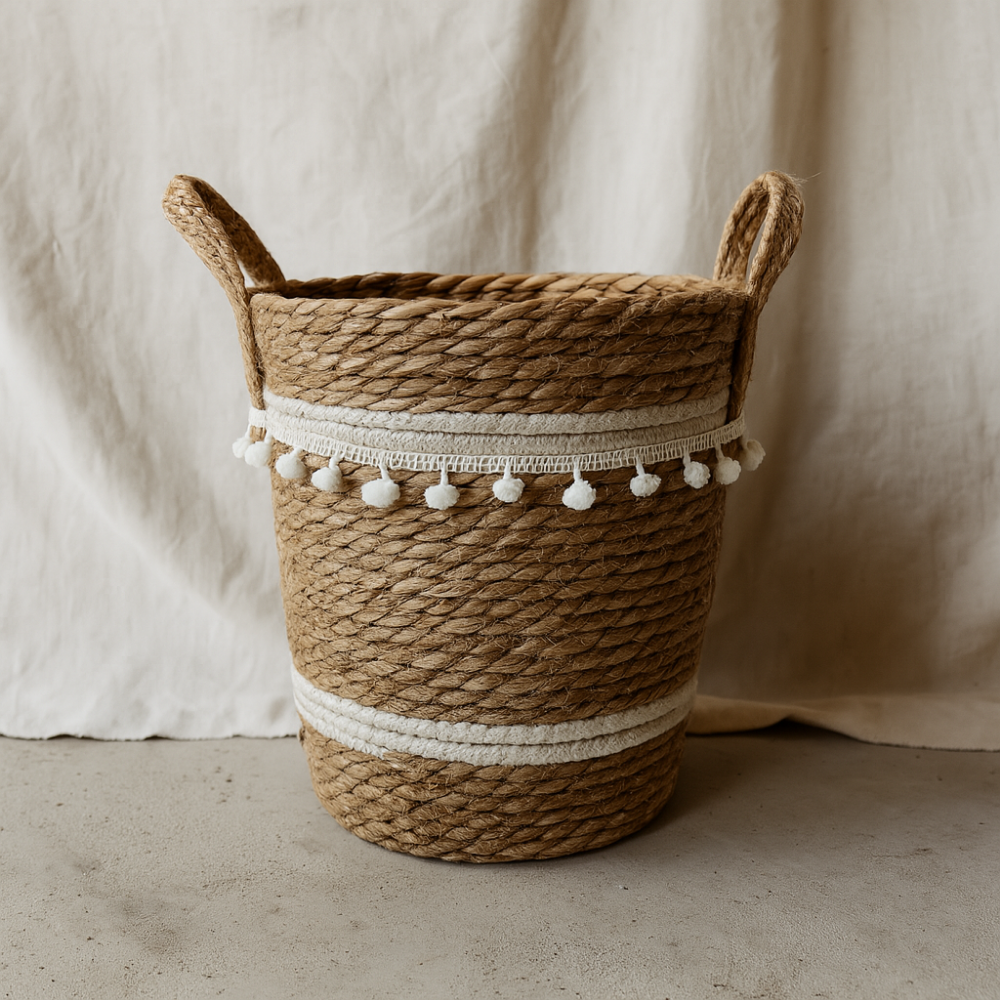 Canasto Cesta Yute Diseño Algodón Tejido Estilo Rustico M