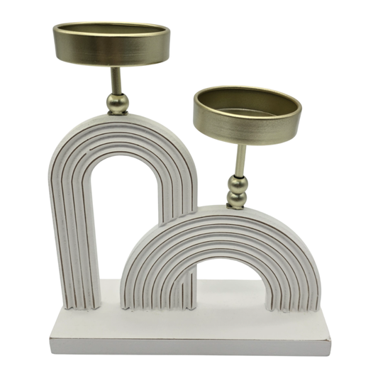 Candelabro Porta Vela Doble De Madera Blanco Con Dorado