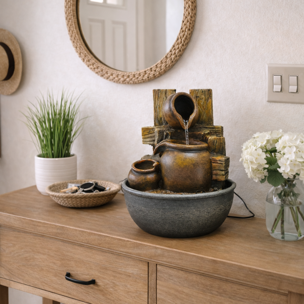 Escultura Cantaros De Greda Fuente De Agua Led De Poliresina