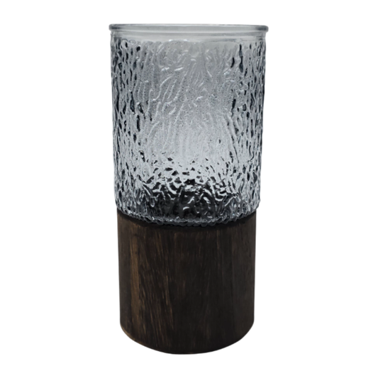 Florero Decorativo De Vidrio Oscuro Diseño Base de Madera