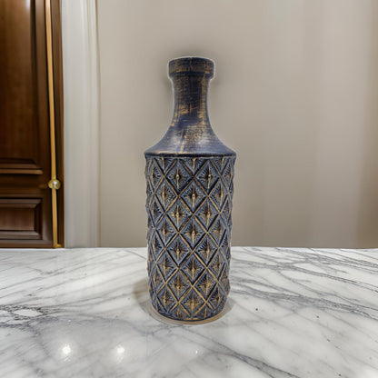 Jarron Florero Ceramica Diseño Rombos Azul Dorado Alargado