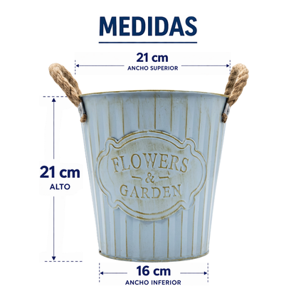 Macetero Metalico Celeste Decorativo Con Asas Jardín M