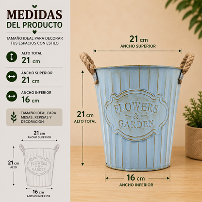Macetero Metalico Celeste Decorativo Con Asas Jardín M