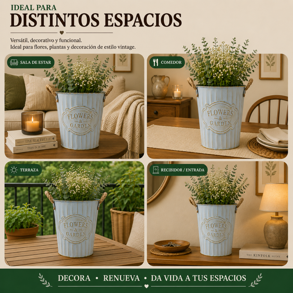 Macetero Metalico Celeste Decorativo Con Asas Jardín M