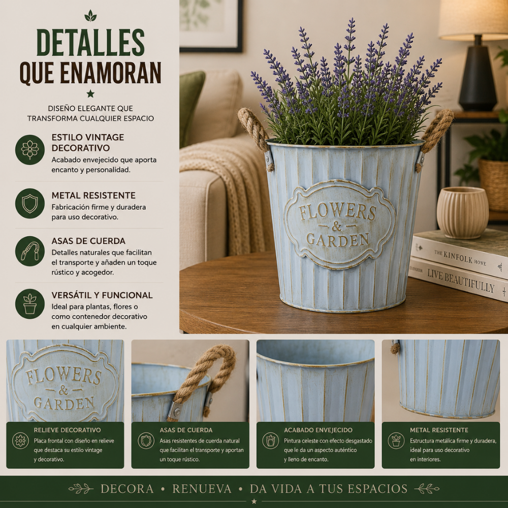Macetero Metalico Celeste Decorativo Con Asas Jardín M