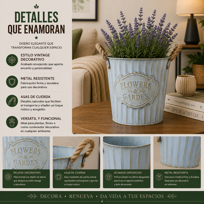 Macetero Metalico Celeste Decorativo Con Asas Jardín M