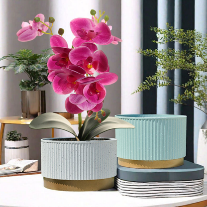 Macetero Plastico Redondo Bajo Premium Blanco Base Dorado