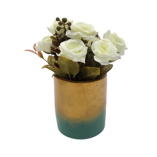Planta Artificial Macetero Dorado Con Rosas Decorativas