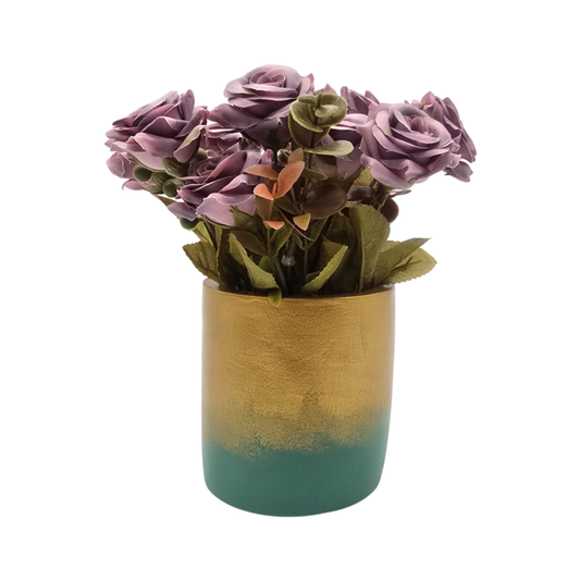 Planta Artificial Macetero Dorado Con Rosas Decorativas