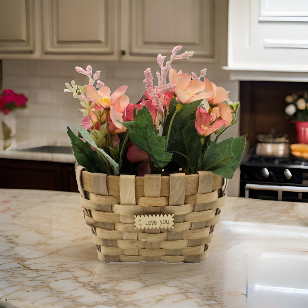 Planta Artificial Macetero Estilo Mimbre Flores Rosadas