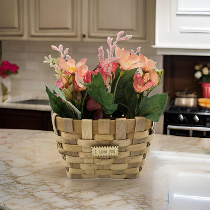 Planta Artificial Macetero Estilo Mimbre Flores Rosadas