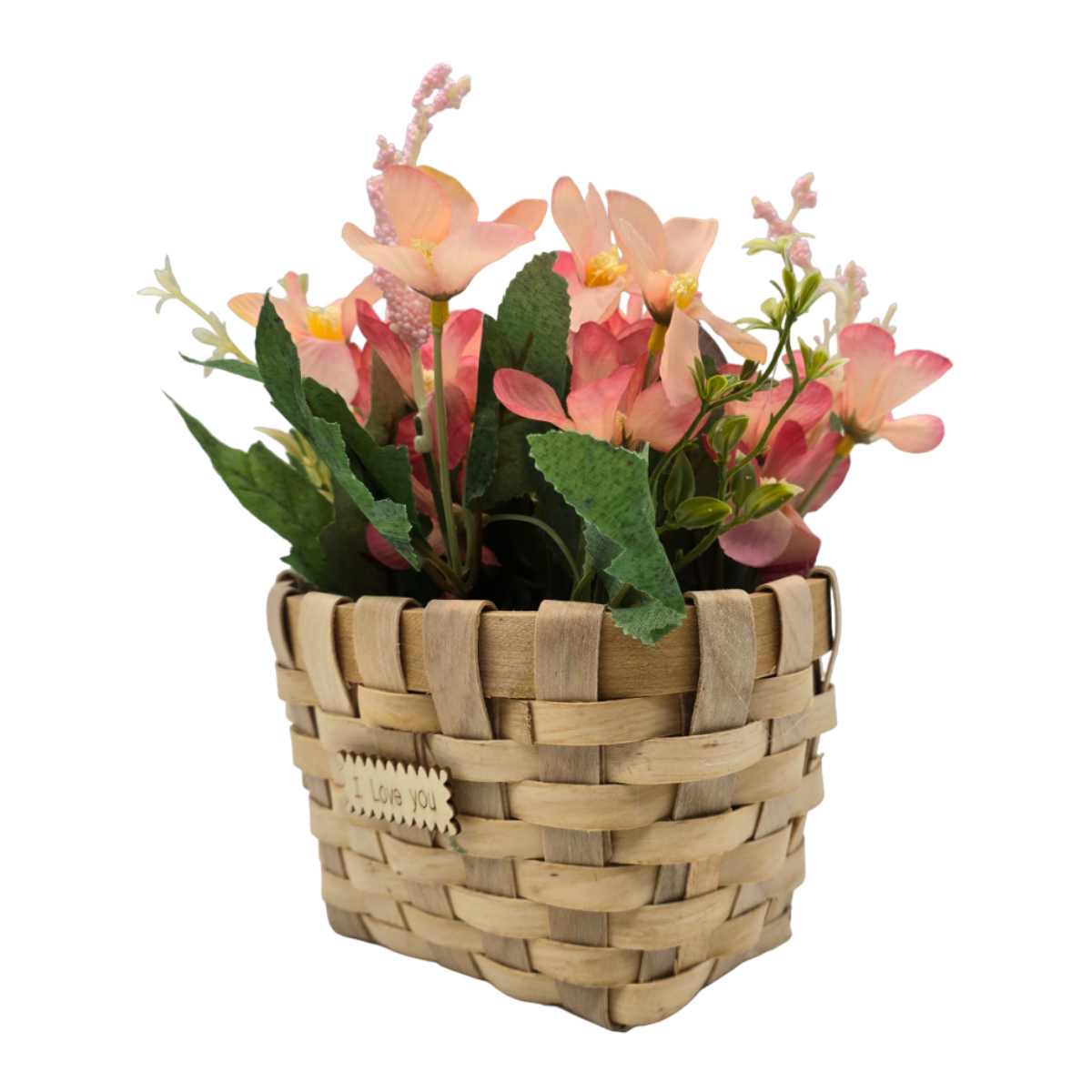 Planta Artificial Macetero Estilo Mimbre Flores Rosadas