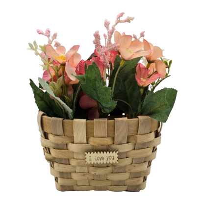 Planta Artificial Macetero Estilo Mimbre Flores Rosadas