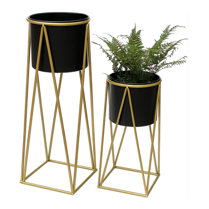 Set 2 Porta Maceteros Pedestal Maceta Plantas Negro Dorados