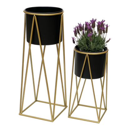 Set 2 Porta Maceteros Pedestal Maceta Plantas Negro Dorados