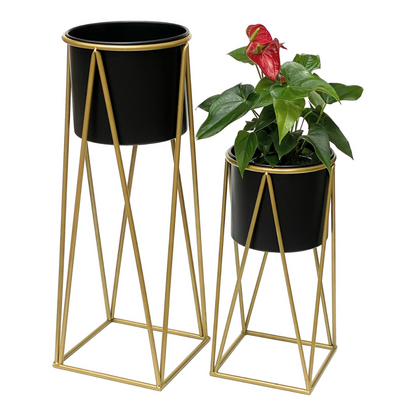 Set 2 Porta Maceteros Pedestal Maceta Plantas Negro Dorados