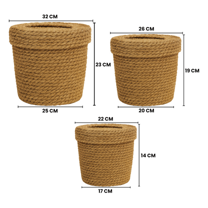 Set 3 Canastos Cesta De Yute Tejida Con Tapa Acabado Rustico