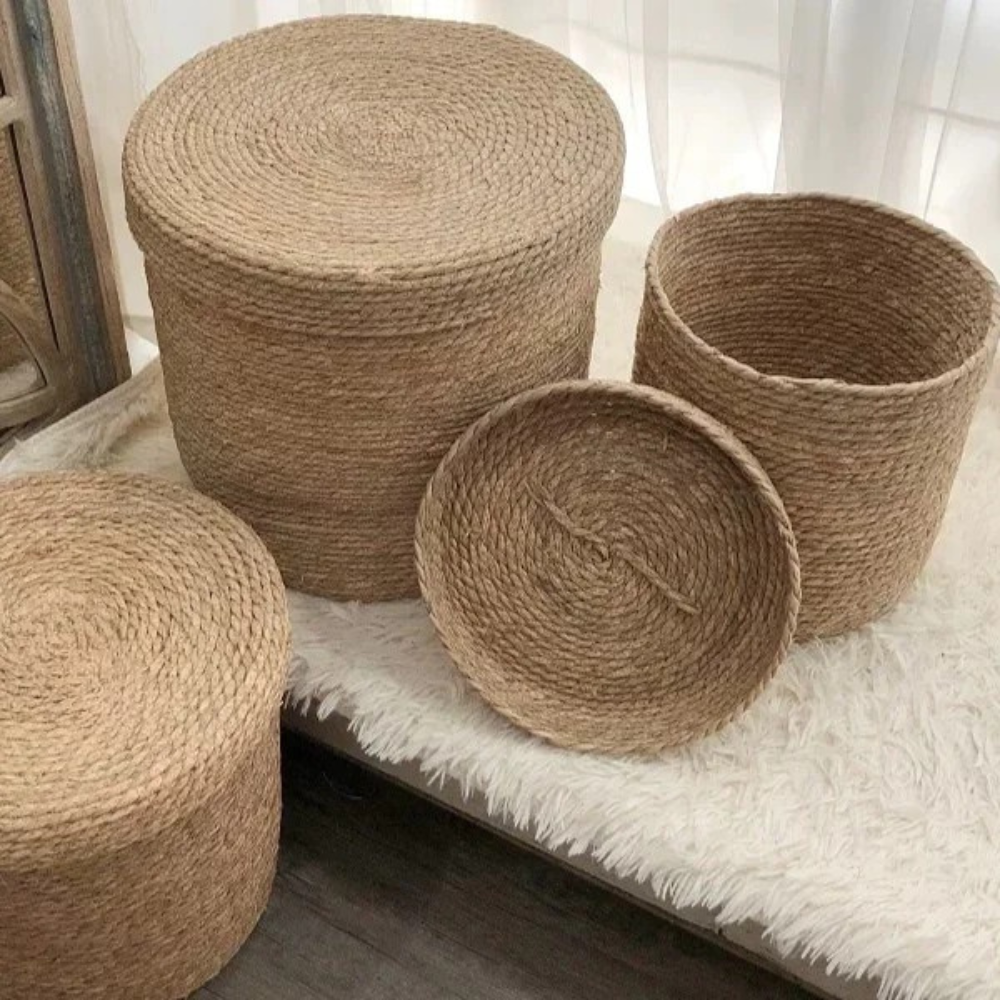 Set 3 Canastos Cesta De Yute Tejida Con Tapa Acabado Rustico