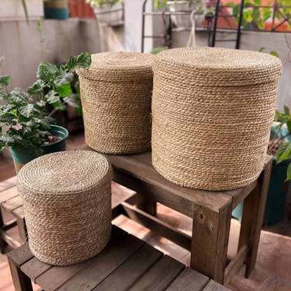 Set 3 Canastos Cesta De Yute Tejida Con Tapa Acabado Rustico