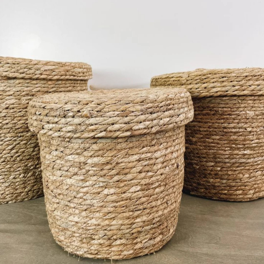 Set 3 Canastos Cesta De Yute Tejida Con Tapa Acabado Rustico