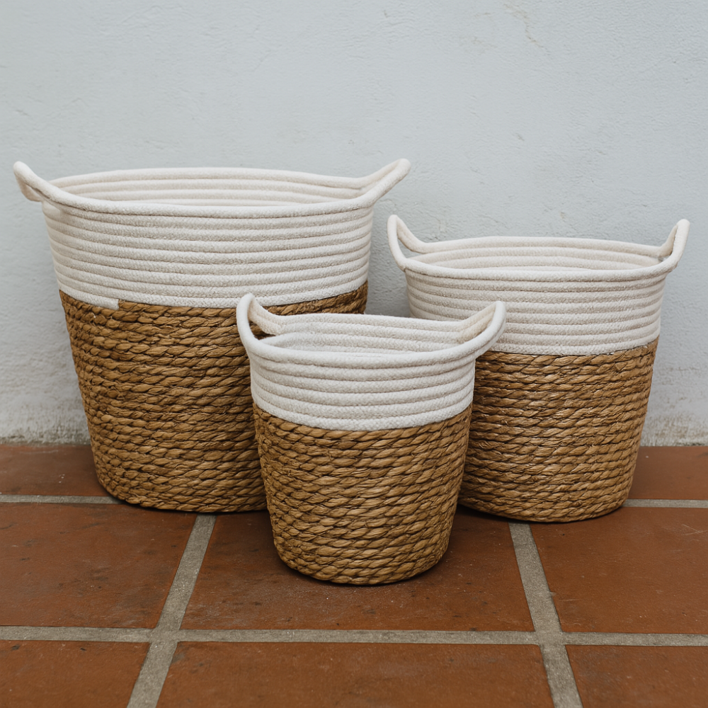 Set 3 Canastos Cesta Yute Algodón Tejido Estilo Rustico Asas