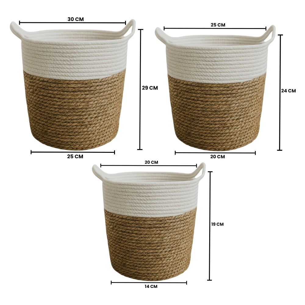 Set 3 Canastos Cesta Yute Algodón Tejido Estilo Rustico Asas