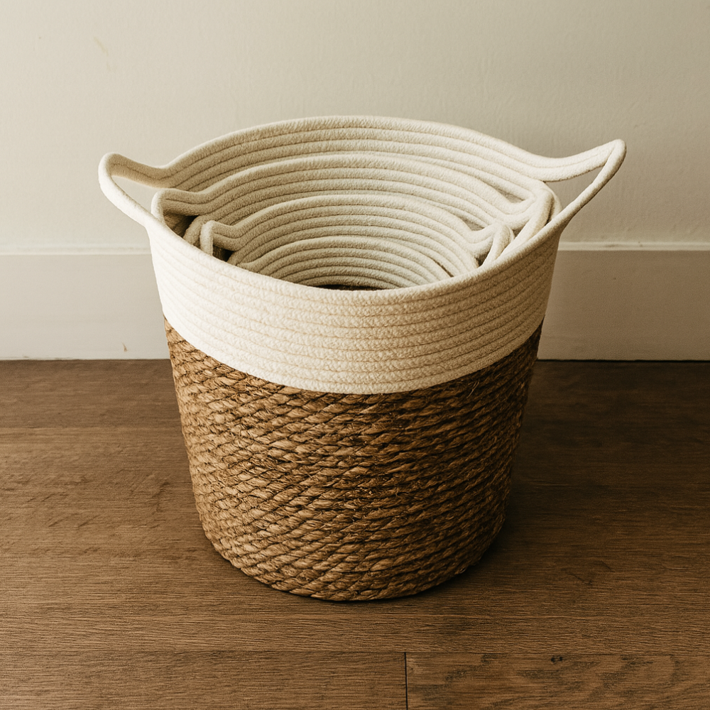 Set 3 Canastos Cesta Yute Algodón Tejido Estilo Rustico Asas