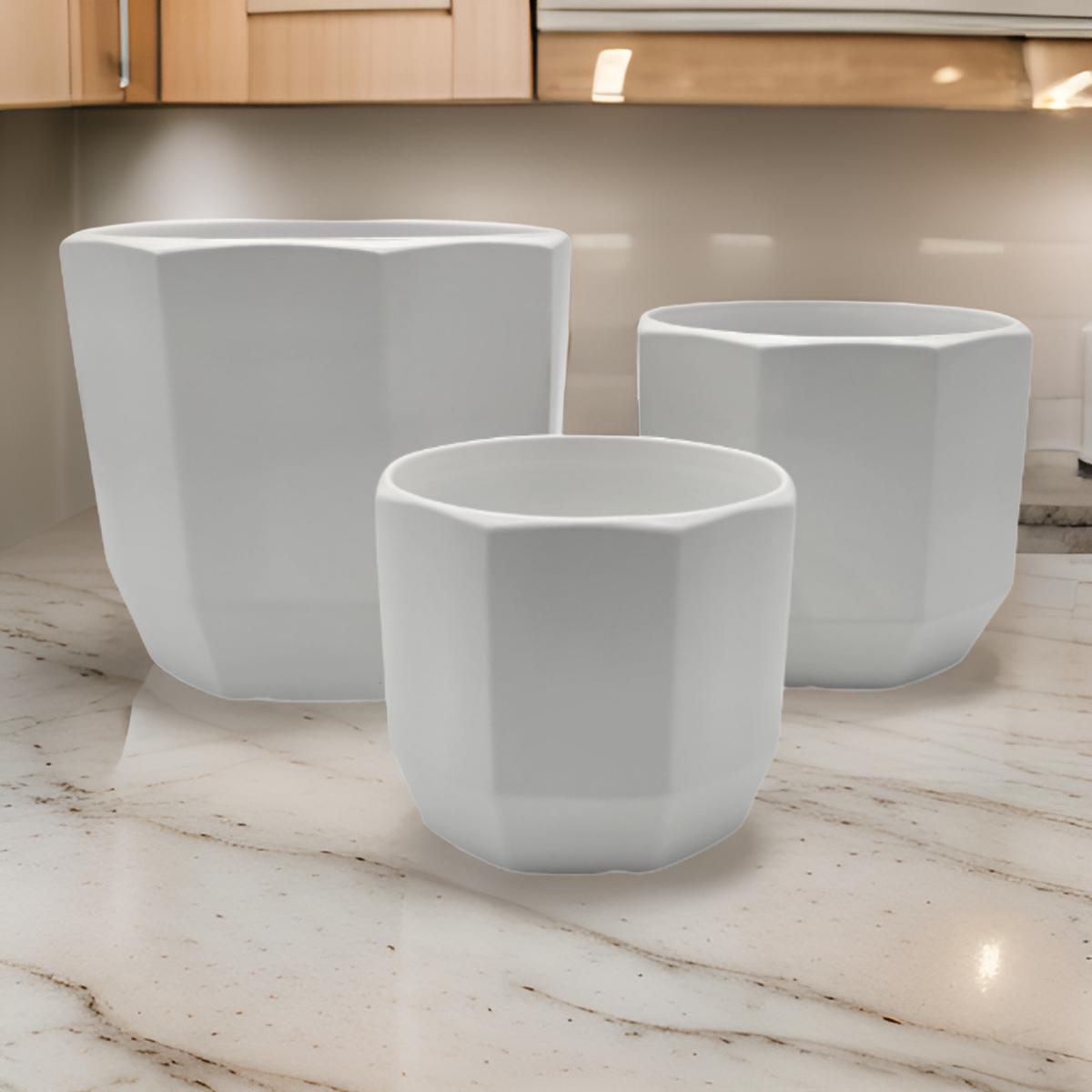 Set 3 Maceteros Maceta De Ceramica Blancos Lineas Verticales