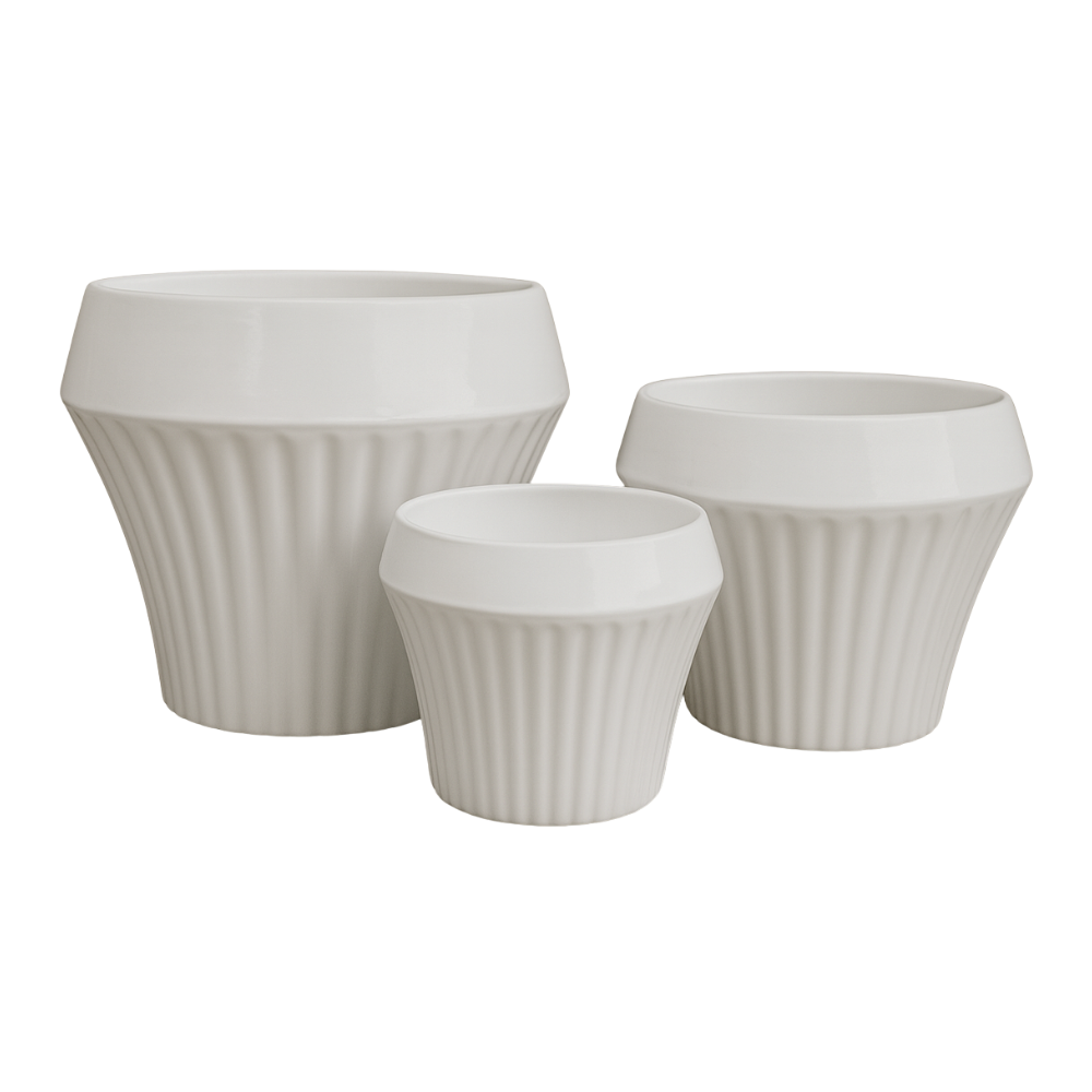 Set 3 Maceteros Maceta De Cerámica Blancos Líneas