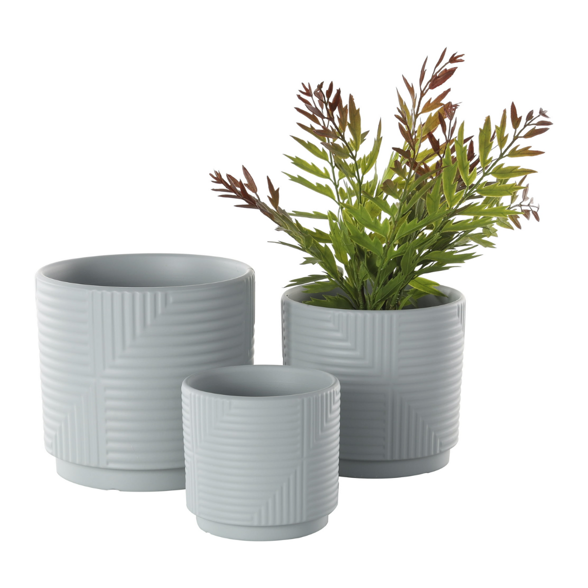 Set 3 Maceteros Maceta De Ceramica Gris Con Lineas