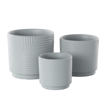 Set 3 Maceteros Maceta De Ceramica Gris Con Lineas