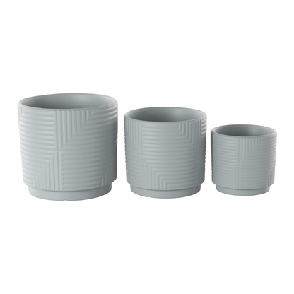 Set 3 Maceteros Maceta De Ceramica Gris Con Lineas