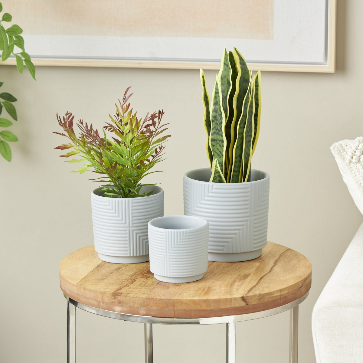 Set 3 Maceteros Maceta De Ceramica Gris Con Lineas