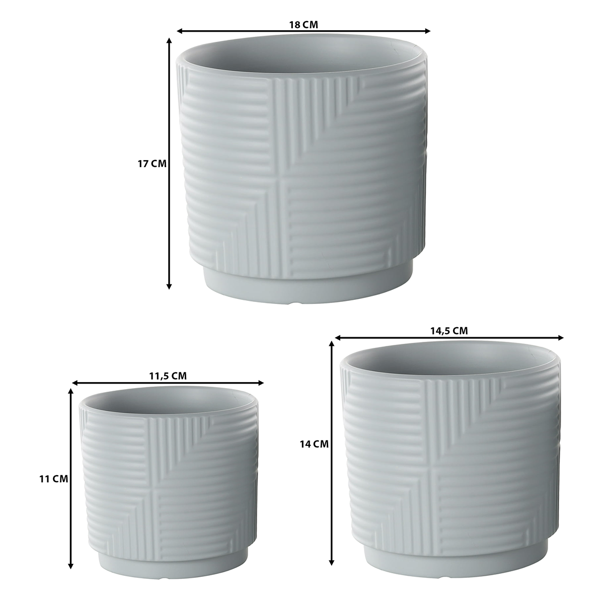 Set 3 Maceteros Maceta De Ceramica Gris Con Lineas