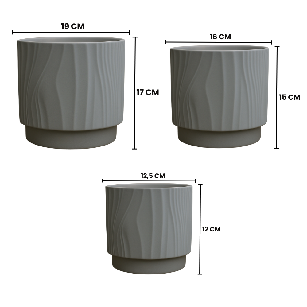 Set 3 Maceteros Maceta De Ceramica Gris Con Lineas