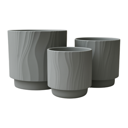 Set 3 Maceteros Maceta De Ceramica Gris Con Lineas