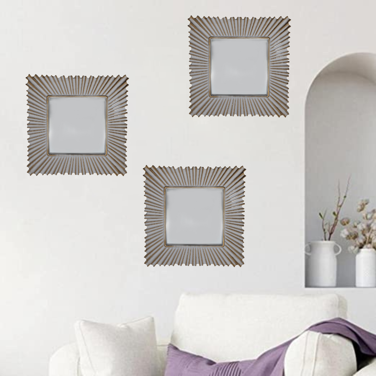 Set 3 Marcos De Espejos Cuadrados Blancos Lineas Doradas