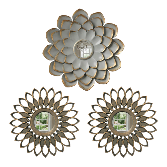 Set 3 Marcos De Espejos Flor De Loto y Diseño Gris Deco