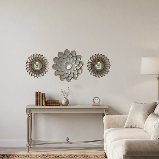 Set 3 Marcos De Espejos Flor De Loto y Diseño Gris Deco