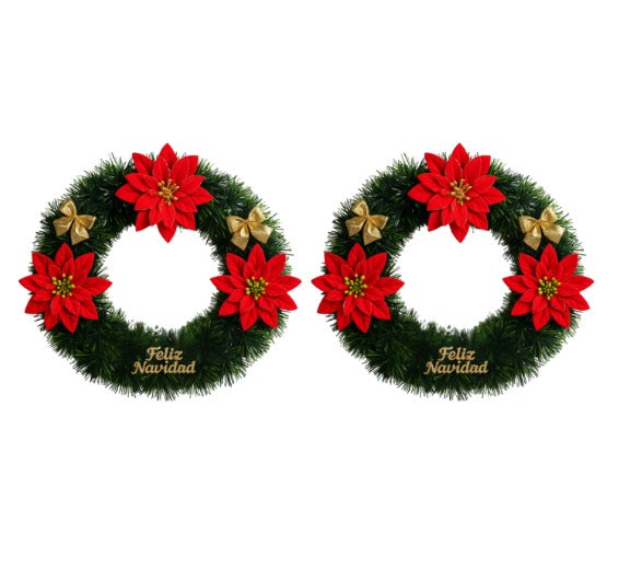 Set 2 Coronas de Navidad 30 Cm Con Flores Decoracion Navideña